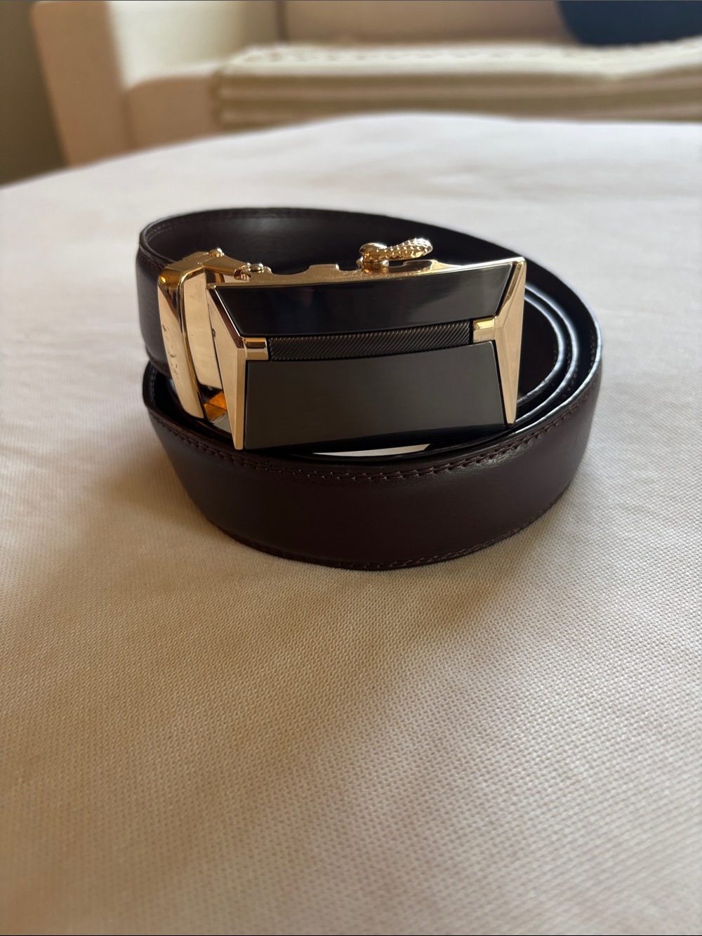 Men's Dark Brown Leather Belt with Gold and Black Automatic Buckle